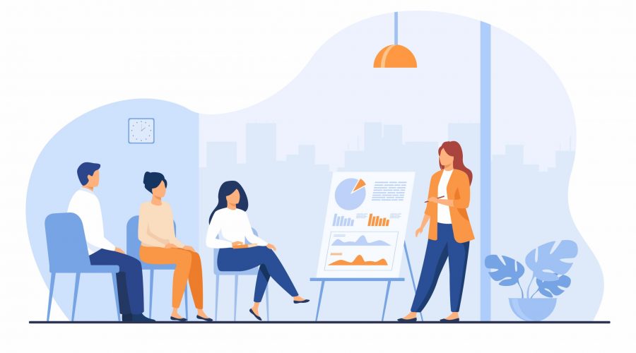 Coach speaking before audience Coach speaking before audience. Mentor presenting charts and reports, Employees meeting at business training, seminar or conference. Vector illustration for presentation, lecture, education concept