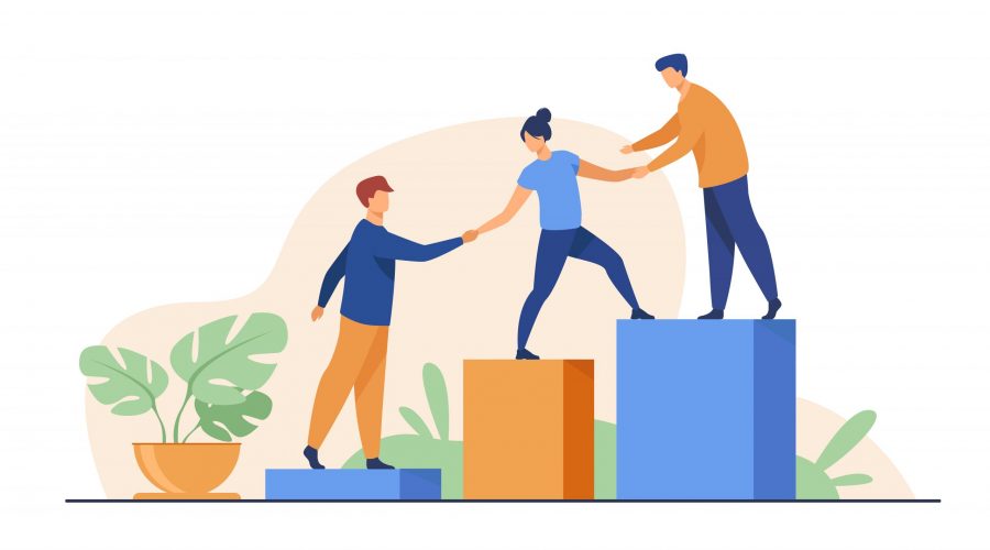 Employees giving hands and helping colleagues to walk upstairs. Team giving support, growing together. Vector illustration for teamwork, mentorship, cooperation concept