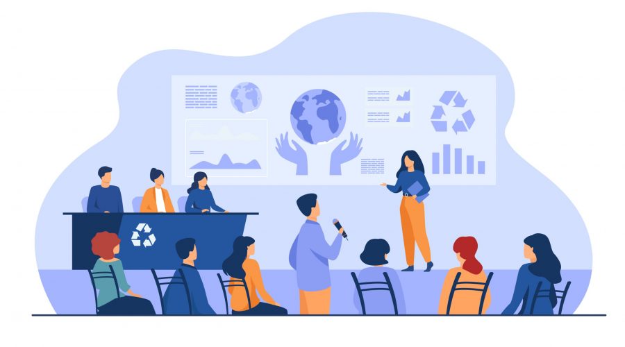 Ecological press conference member speaking on stage before audience, presenting graphs with earth. Vector illustration for global meeting, scientific forum, mass media concept